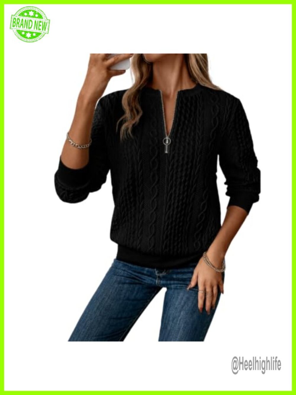 Womens Quarter Zip Sweatshirt Textured Cable Knit Long Sleeve Pullover